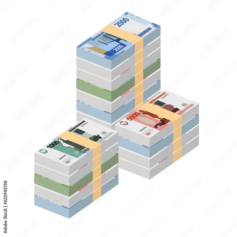 Russian Ruble Vector Illustration. Russia money set bundle banknotes. Paper money 200, 500, 1000, 2000, 5000 RUB. Flat style. Isolated on white background. Simple minimal design. Russian Ruble Vector Illustration. Russia money set bundle banknotes. Paper money 200, 500, 1000, 2000, 5000 RUB. Flat style. Isolated on white background. Simple minimal design.