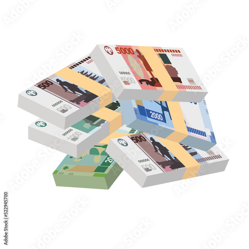 Russian Ruble Vector Illustration. Russia money set bundle banknotes. Paper money 200, 500, 1000, 2000, 5000 RUB. Flat style. Isolated on white background. Simple minimal design.