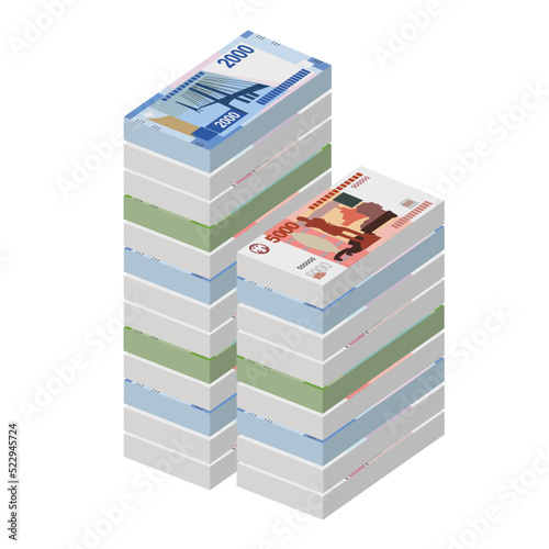 Russian Ruble Vector Illustration. Russia money set bundle banknotes. Paper money 200, 500, 1000, 2000, 5000 RUB. Flat style. Isolated on white background. Simple minimal design.
