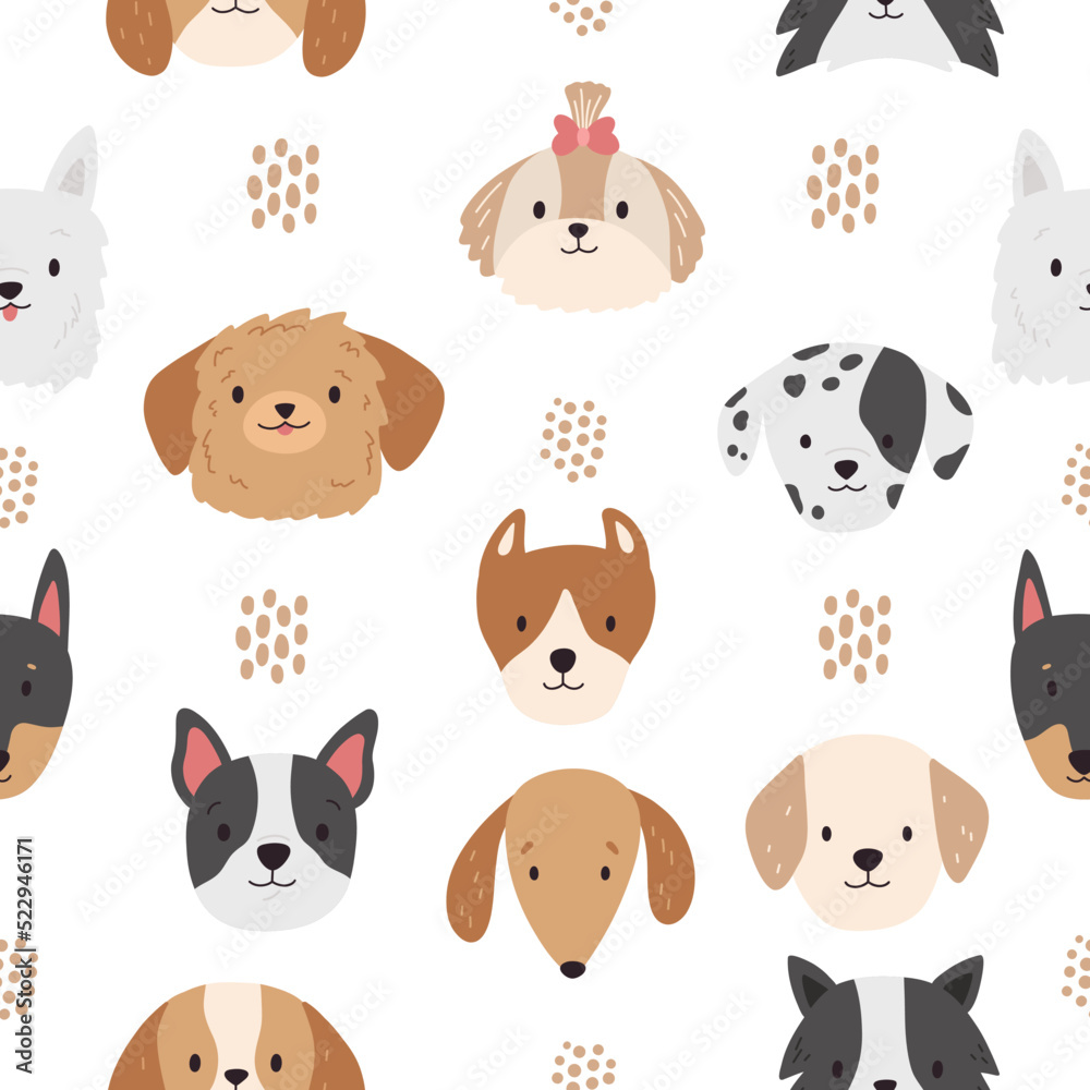 Seamless pattern with dogs heads and hand drawn dots on white background. Cartoon puppy faces. Different breeds of dogs. Vector illustration. Seamless pattern with dogs heads and hand drawn dots on white background. Cartoon puppy faces. Different breeds of dogs. Vector illustration.