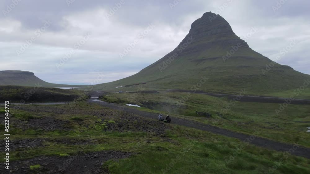 Drone view at mount and waterfall of Kirkjufell at Grundarfjordur on Iceland Drone view at mount and waterfall of Kirkjufell at Grundarfjordur on Iceland