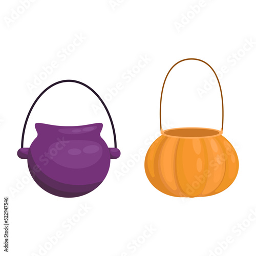 Trick or treat party bucket full of candy (bag, cauldron, pumpkin). Set of Halloween bag for kids. Element of children's costume for Halloween, decorations for the holiday.Isolated on white background