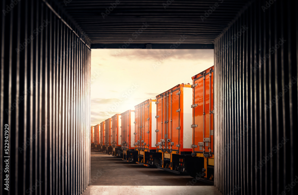 Inside View Cargo Container. Semi TrailerTrucks Parked Lot with The
