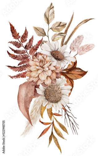 Vintage Autumn Dry Flower Leaves bouquet watercolor