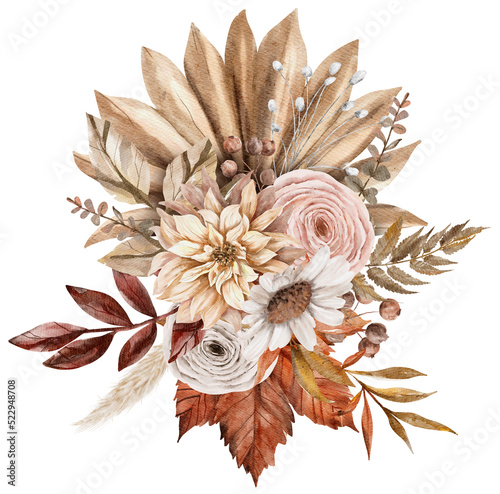 Vintage Autumn Dry Flower Leaves bouquet watercolor