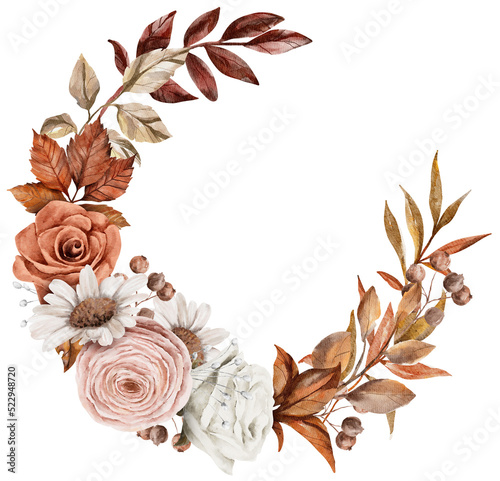 Fototapeta Naklejka Na Ścianę i Meble -  Vintage Autumn Dry Flower Leaves wreaths watercolor