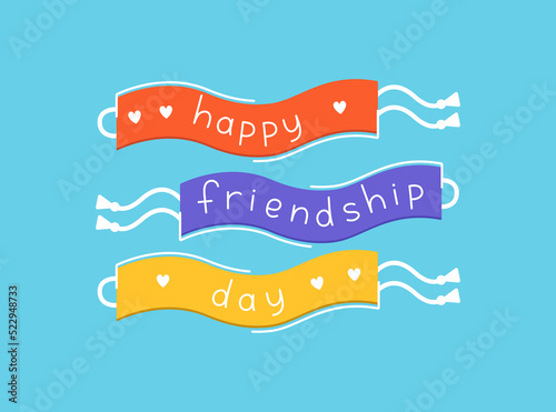 Happy friendship day greeting card design. Friendship bracelets on blue background vector flat illustration. Three wristbands with congratulatory title