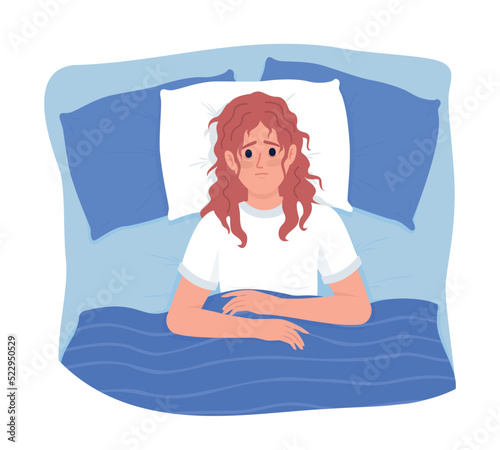 Upset woman with insomnia semi flat color vector character. Editable figure. Full body person on white. Sleepless simple cartoon style illustration for web graphic design and animation
