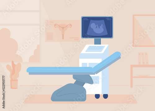 Ultrasonic scanner in gynecological cabinet flat color vector illustration. Pregnant women examination. Fully editable 2D simple cartoon interior with hospital office on background
