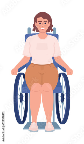 Smiling woman who uses wheelchair semi flat color vector character. Editable figure. Full body person on white. Inclusion simple cartoon style illustration for web graphic design and animation