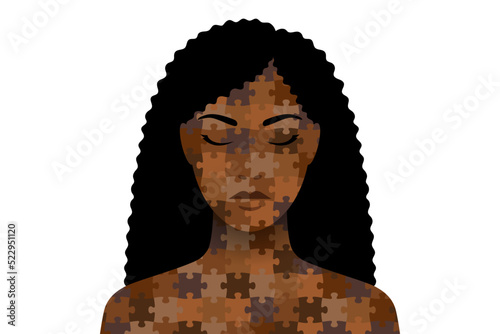 Woman with dark skin assembled from puzzle pieces of different tones