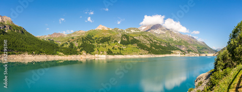 Panoramic view at the Chevril lake near Val d Isere in Savoie Alps - France