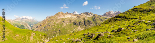 Panoramic view at the Mountain massif near Val d Isere in Savoie Alps - France photo