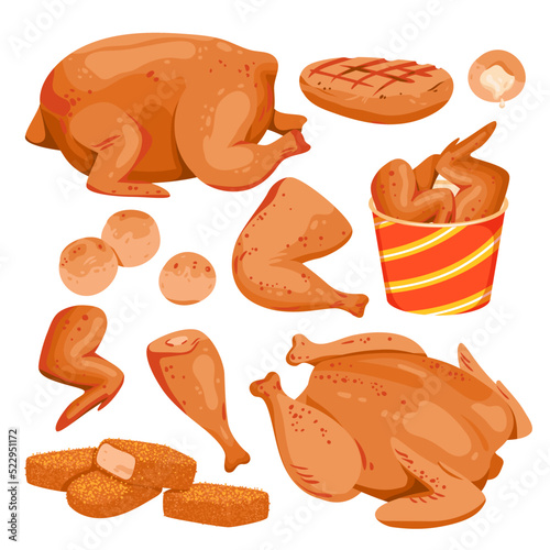 Cartoon isolated hot roasted fillet from breasts, tasty spicy drumsticks and wings in box, nuggets and grilled chicken cutlets for poultry menu collection. Fried chicken set vector illustration