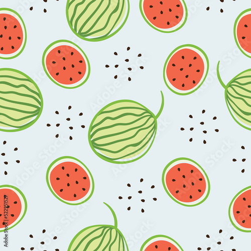 Fototapeta Naklejka Na Ścianę i Meble -  seamless pattern with watermelon and seeds illustration   on light blue background .