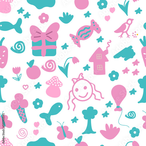 Baby hand-drawn design for textile, posters, cards for girl. Fabric baby design.Cute flowers, mushrooms, houses, butterflies and other decorative elements.