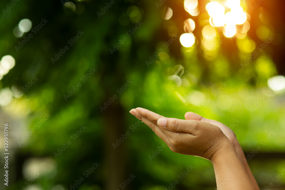 Technology, hand holding with environment Icons over the Network connection on green background