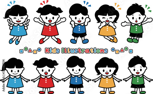 5人のこどもの全身イラスト 2ポーズ