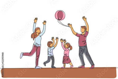One single line drawing of young mother and father playing throw beach ball with their son and daughter at home vector illustration. Happy family parenting concept. Modern continuous line draw design