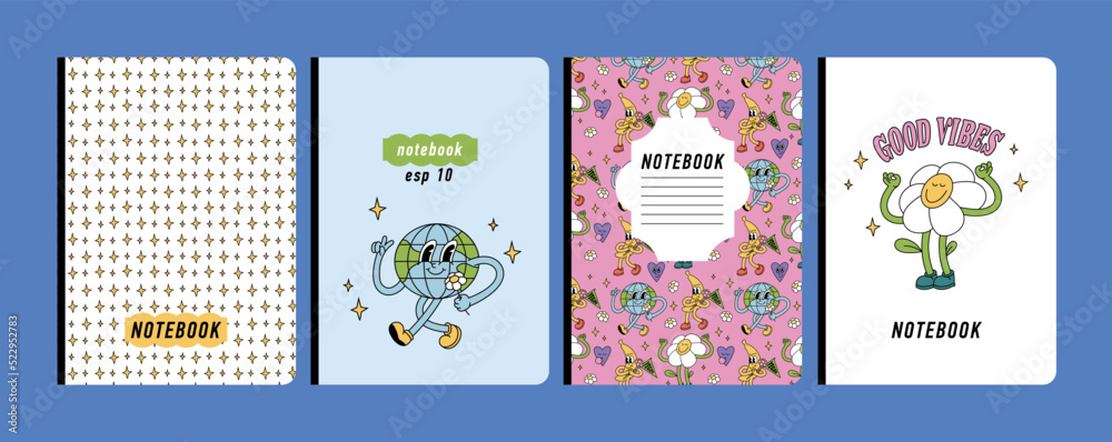 Vector illustartion templates cover pages for notebooks, planners, brochures, books, catalogs. Background ìn retro groovy style. Vector illustartion templates cover pages for notebooks, planners, brochures, books, catalogs. Background ìn retro groovy style.