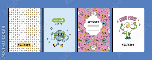 Vector illustartion templates cover pages for notebooks, planners, brochures, books, catalogs. Background ìn retro groovy style.