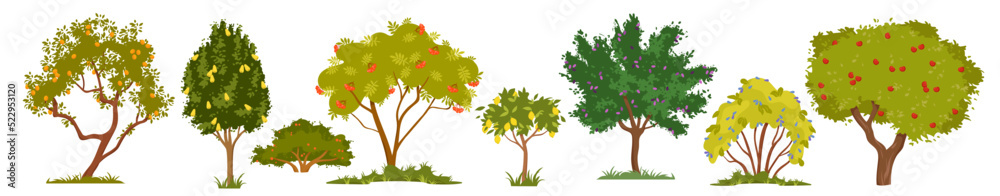 Naklejka premium Cartoon isolated branches with harvest of ripe apples and pears, lemons and peaches, berry bushes with crown of green foliage. Garden trees and bushes with fruits and berries vector illustration