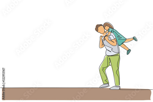 Single continuous line drawing of cheerful little girl hanging on his dad's shoulder who walk towards home. Happy family parenthood concept. Trendy one line draw design vector illustration graphic
