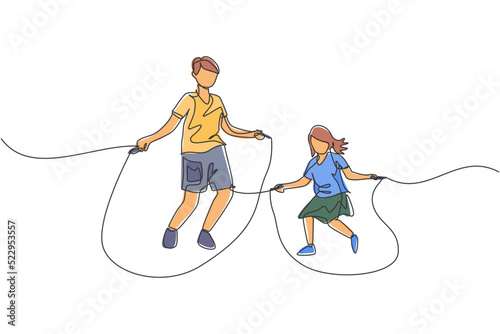 One continuous line drawing of young dad and his daughter practice jumping with skipping rope at park near home. Happy family parenting concept. Dynamic single line draw design vector illustration