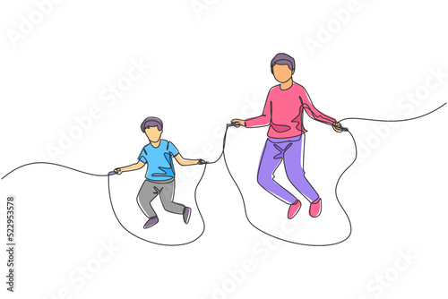 Single continuous line drawing young father and his son exercise jumping with skipping rope at park near home. Happy family parenthood concept. Trendy one line draw design graphic vector illustration