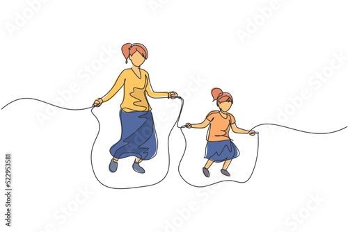 One continuous line drawing of young mom and her daughter exercise jumping with skipping rope at park near home. Happy family parenting concept. Dynamic single line draw design vector illustration