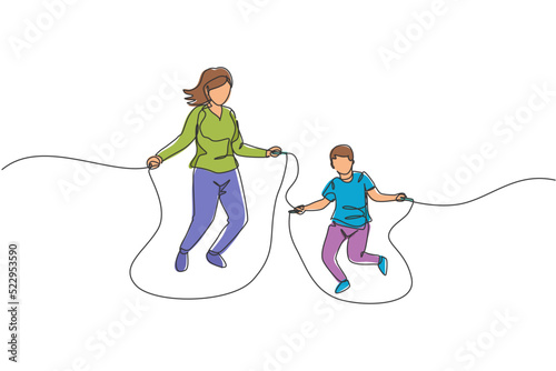 One continuous line drawing of young mother and his son train jumping with skipping rope at park near home. Happy family parenting concept. Dynamic single line draw graphic design vector illustration