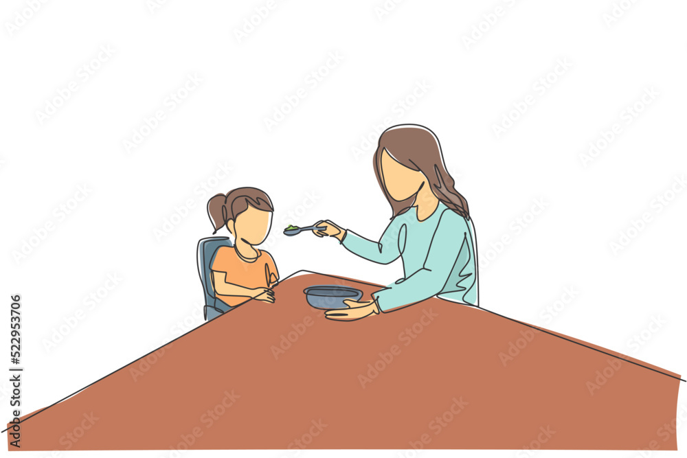 Single continuous line drawing of young mother feeding her sick fever daughter while siting on dining chair at home. Happy family parenthood concept. Trendy one line draw design vector illustration Single continuous line drawing of young mother feeding her sick fever daughter while siting on dining chair at home. Happy family parenthood concept. Trendy one line draw design vector illustration