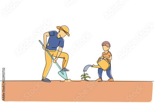 Single continuous line drawing young dad digging ground using shovel and son watering a plant at home garden . Happy family parenthood concept. Trendy one line graphic draw design vector illustration