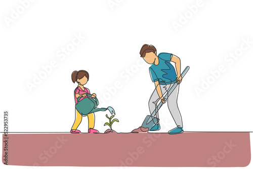 One single line drawing young father digging ground using shovel and daughter watering a plant at home garden vector illustration. Happy parenting learning concept. Continuous line graphic draw design