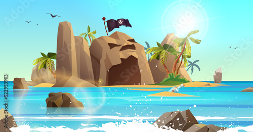 Rocky island with pirate flag and palm trees in the ocean. Bottle with paper message in it. Cartoon vector illustration