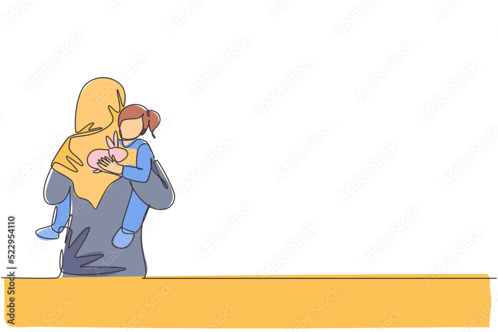 Single one line drawing of young Arabian mother holding her sleepy daughter go to bedroom vector illustration. Happy Islamic muslim family parenting concept. Modern continuous line graphic draw design Single one line drawing of young Arabian mother holding her sleepy daughter go to bedroom vector illustration. Happy Islamic muslim family parenting concept. Modern continuous line graphic draw design