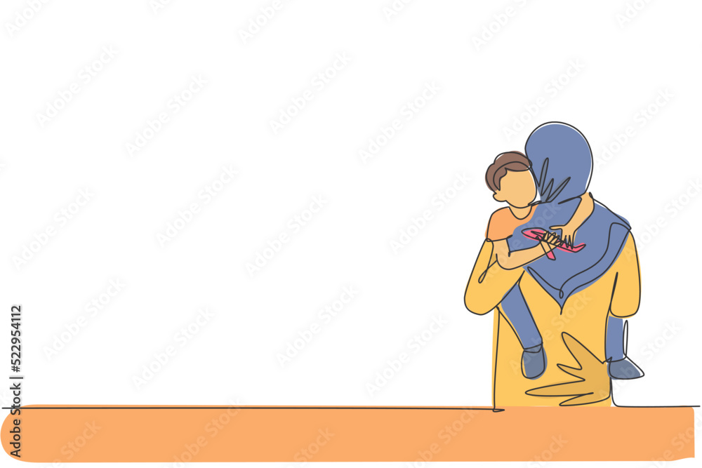 Single one line drawing of young Arabian mom carrying her sleepy boy go to the bedroom vector illustration. Happy Islamic muslim family parenting concept. Modern continuous line graphic draw design Single one line drawing of young Arabian mom carrying her sleepy boy go to the bedroom vector illustration. Happy Islamic muslim family parenting concept. Modern continuous line graphic draw design