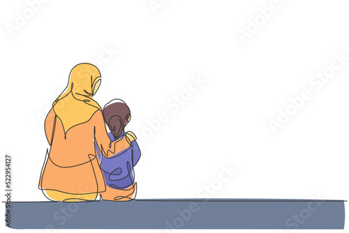 Single continuous line drawing of young Arabian mother and her daughter sitting and talking together. Islamic muslim happy family parenthood concept. One line graphic draw design vector illustration