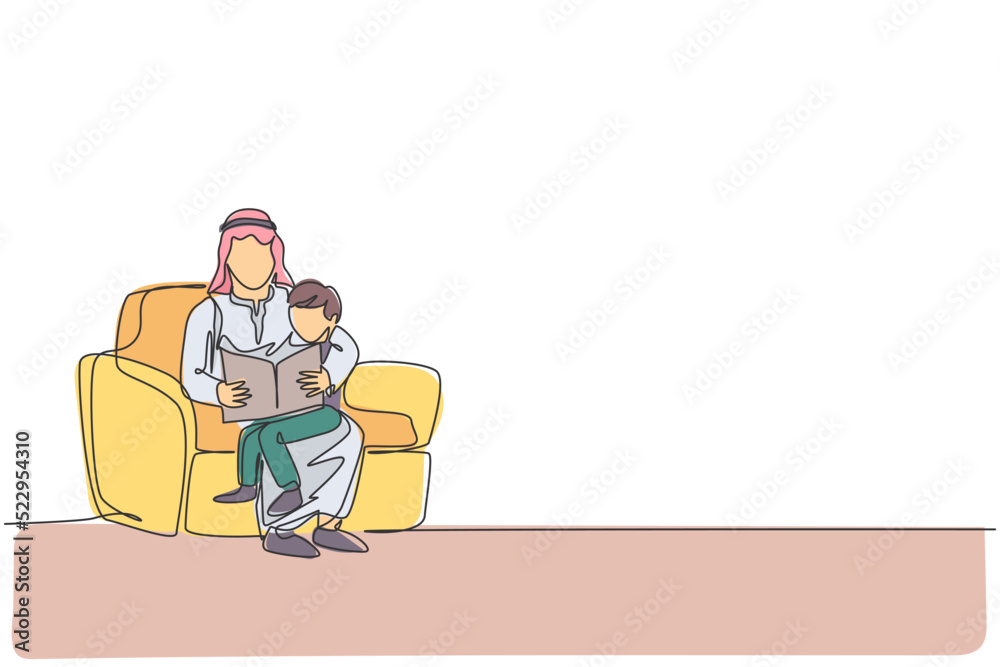 Single one line drawing of young Arabian dad sitting on sofa with his son to read a book vector illustration. Happy Islamic muslim family parenting concept. Modern continuous line graphic draw design Single one line drawing of young Arabian dad sitting on sofa with his son to read a book vector illustration. Happy Islamic muslim family parenting concept. Modern continuous line graphic draw design