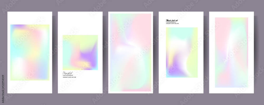 Gradient mesh cover set of backgrounds texture foil pearl shades. Abstract stylish gradient with holographic foil. 90s, 80s