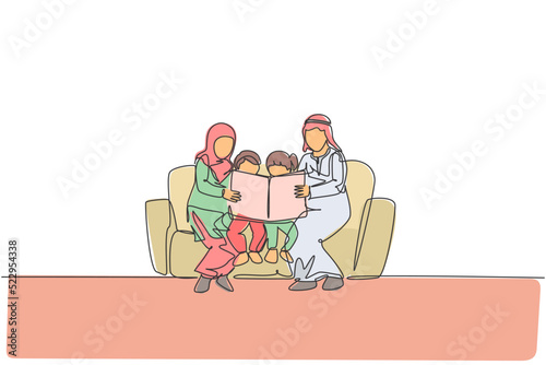 Single continuous line drawing of young Arabian family sitting on sofa together reading a book. Islamic muslim happy family parenthood concept. Trendy one line graphic draw design vector illustration