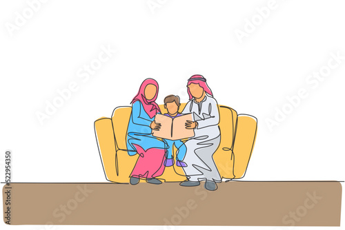 Continuous one line drawing of young Arabian parent sitting on sofa with their boy, reading a book. Happy Islamic muslim parenting family concept. Single line graphic draw design vector illustration