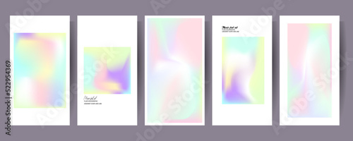 Gradient mesh cover set of backgrounds texture foil pearl shades. Abstract stylish gradient with holographic foil. 90s, 80s