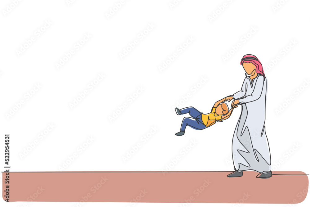 Obraz premium One single line drawing of young Arabian father play and lift his boy son up into the air at home vector illustration. Happy Islamic muslim family parenting concept. Modern continuous line draw design