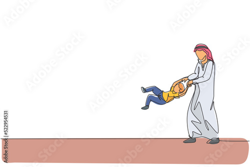 One single line drawing of young Arabian father play and lift his boy son up into the air at home vector illustration. Happy Islamic muslim family parenting concept. Modern continuous line draw design