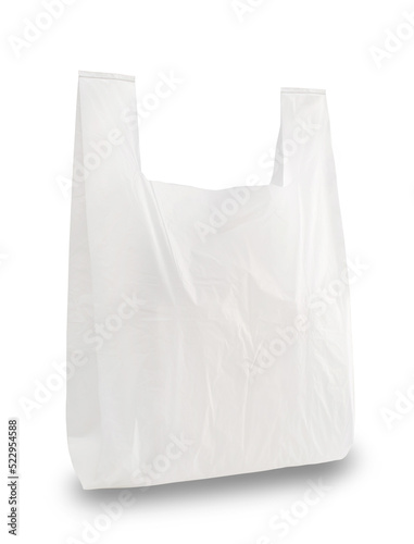 Close up of empty white plastic bag with space for your logo. Isolated on white background. photo