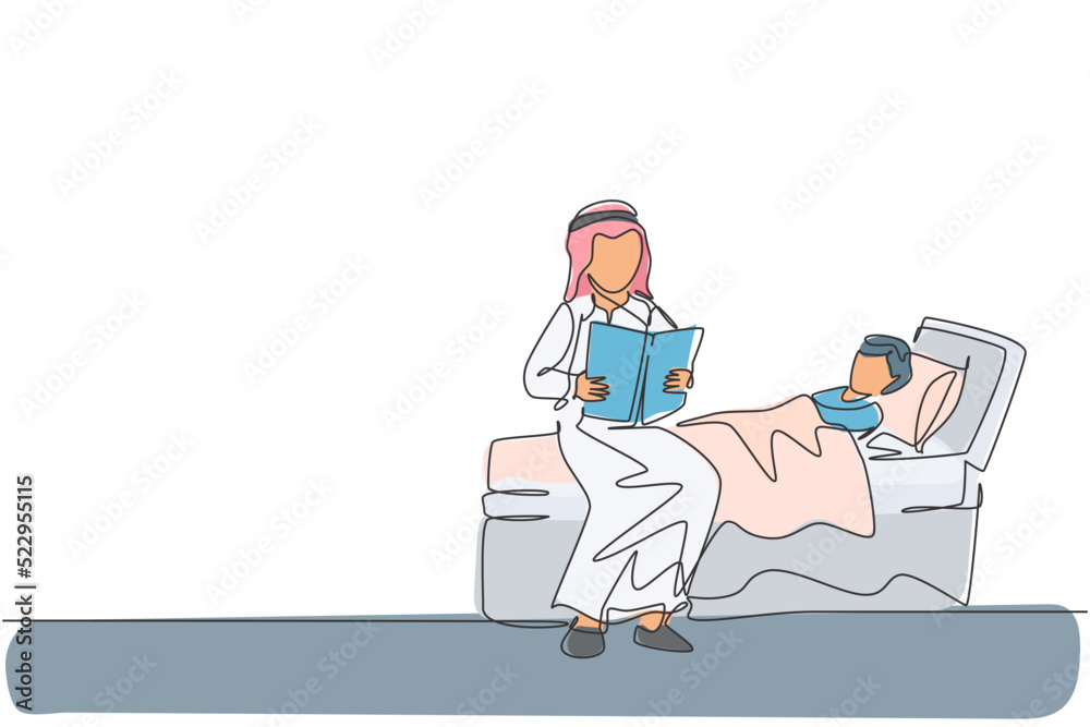 Single continuous line drawing of young Islamic father read fairy tale story to his son before sleep. Arabian muslim happy family fatherhood concept. Trendy one line draw design vector illustration