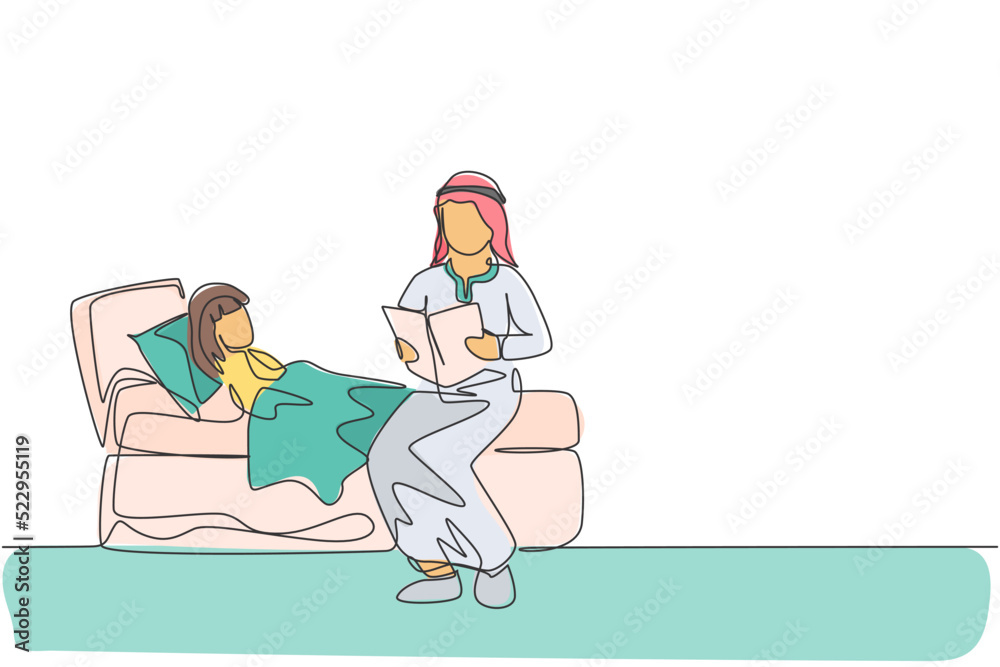 One continuous line drawing of young Arabian dad read story book to his daughter at bedroom. Happy Islamic muslim loving parenting family concept. Dynamic single line draw design vector illustration