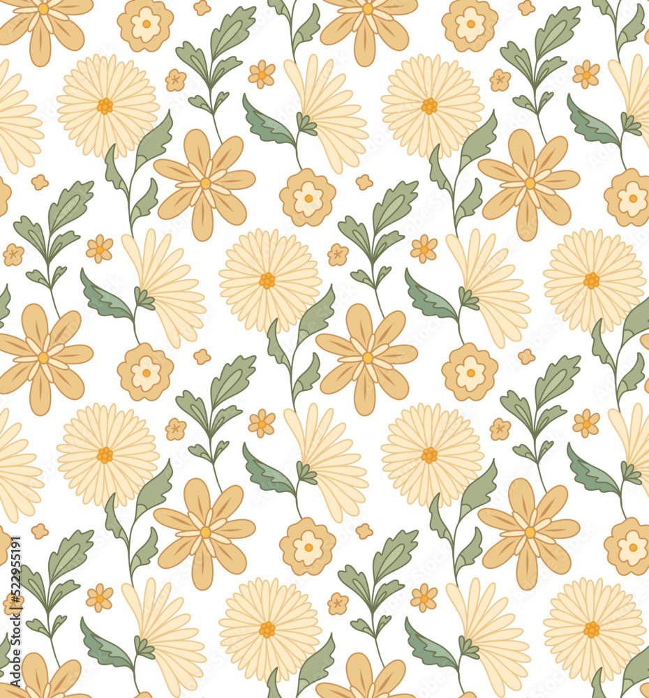 Vector seamless gentle pattern with groovy flowers and stems on white background. Nature tender texture for fabric. Retro flower power wallpaper.