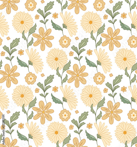 Vector seamless gentle pattern with groovy flowers and stems on white background. Nature tender texture for fabric. Retro flower power wallpaper.